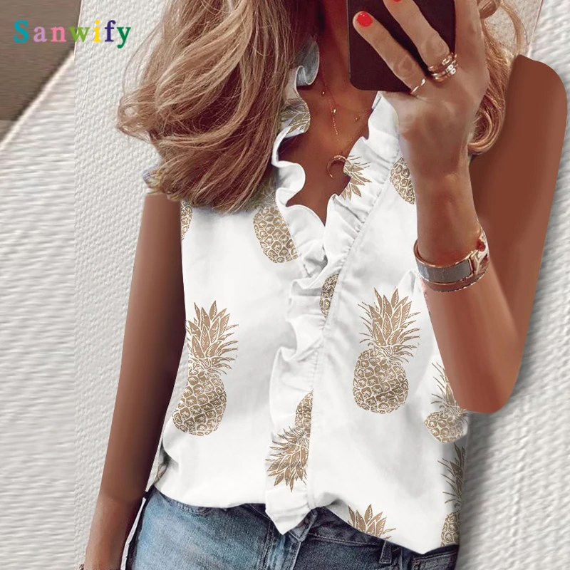 

Women Tank Tops Pineapple Print Summer Blouse Shirts Office Lady Buttoned Details Blouses Women Sexy V-neck No Sleeve Loose Tops