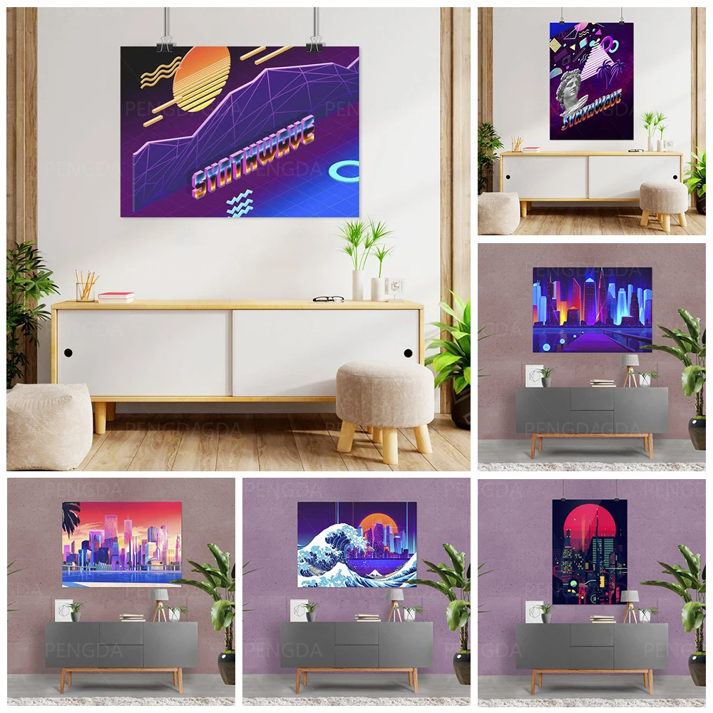 

HD Prints Canvas Wall Art Painting Synthwave Neon City Modular Pictures Home Decoration Landscape Poster Living Room Framework