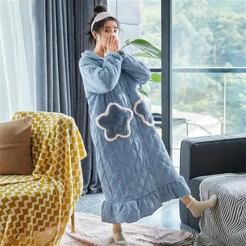 Nightgown for Women's Three-layer Quilted Thickening Plus Velvet Nightwear Autumn Winter Coral Fleece Nightdress Warm Bathrobe