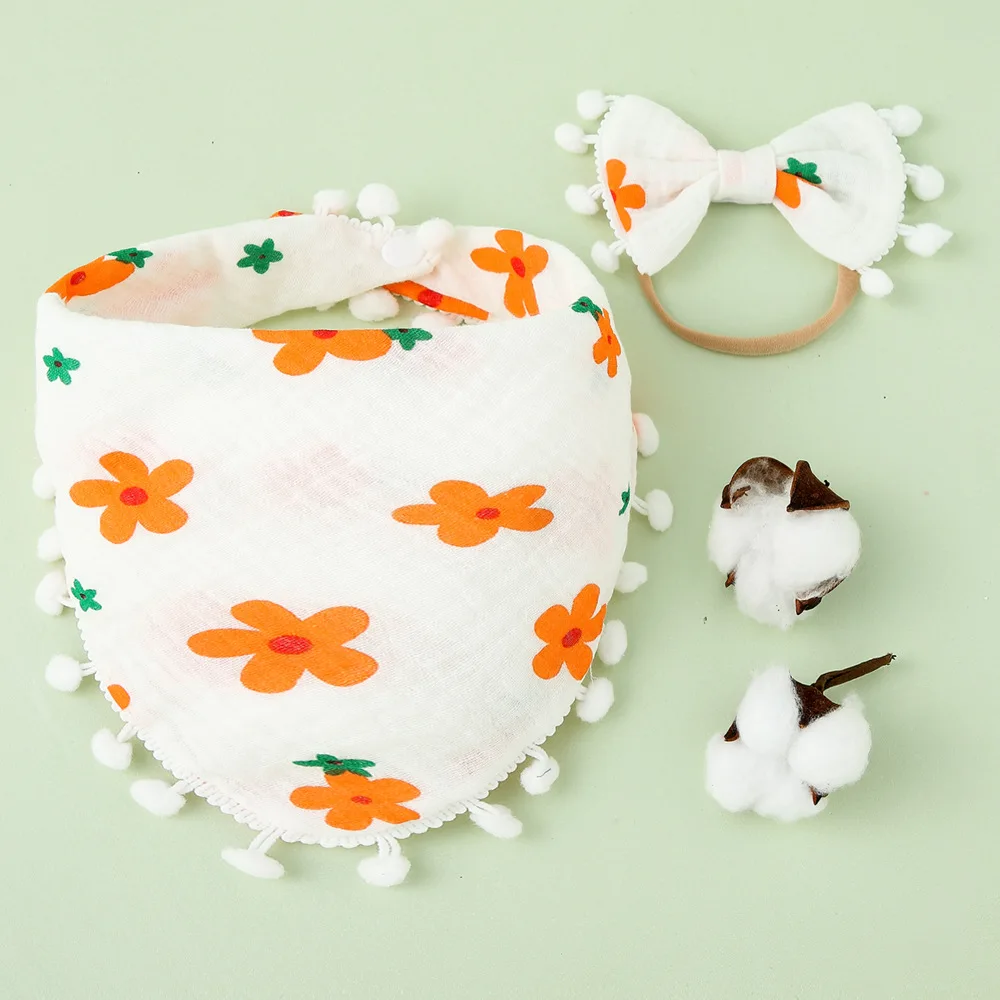 

Toddler Fashion Printted Bibs and Bowknot Headband Two Piece Set Cute Cartoon Pattern Infant Bandana Burp Cloth Baby Accessories