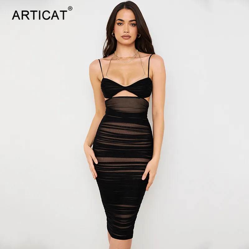 Женское двухслойное платье миди Articat черное облегающее без рукавов с открытой