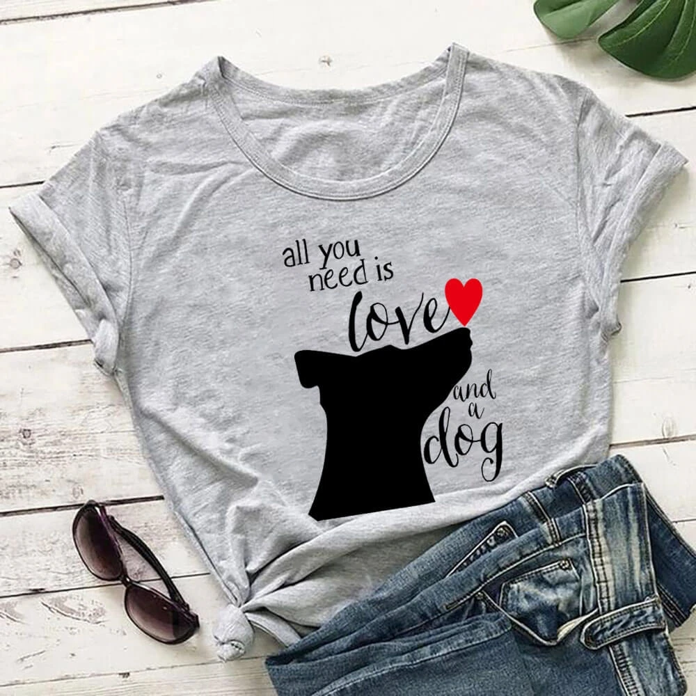 

Love And Dog Printed Women's T Shirt Valentines Day Shirts Dog Lover Casual O-Neck Short Sleeve Top TX5737