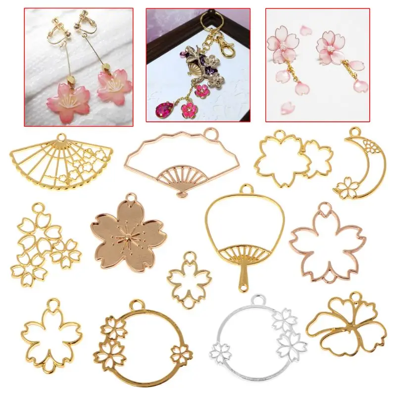 

13 Pcs/Set Flower Metal Frame DIY Epoxy Resin Crafts UV Resin Jewelry Making Pendant Holder Hollow Fan Floral Shape Dry