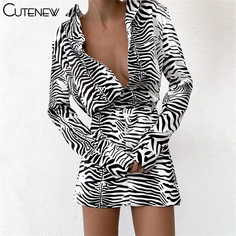 

Cutenew Fashion Zebra Striped Printing V-Neck Bodycon Mini Dress Women Autumn Casual Long Sleeve Single-Breasted Lady Streetwear