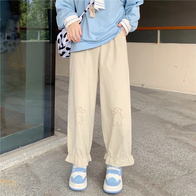 

Japanese Kawaii Soft Girl Pants Loose Thin Cartoon Bear Embroidery Pants Elastic Waist Casual Ruffles Cute Solid Straight Pant