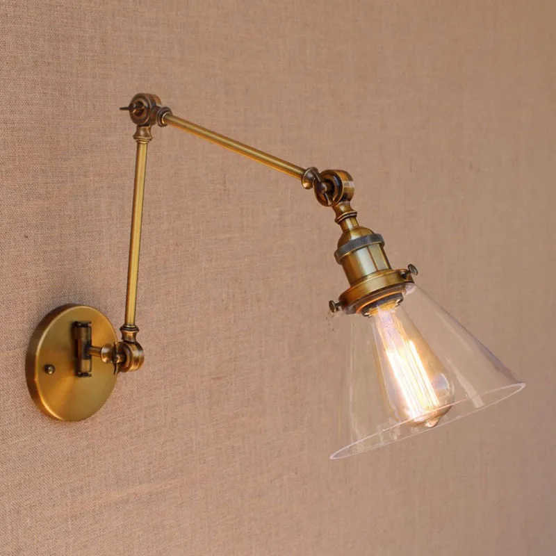 Goedkoop Retro Industriële E27 Goud Brons Glas Wandlamp Links/Rechts/Up/Down Swing Arm Verlichting Voor Living Kamer Slaapkamer Badkamer Werkkamer