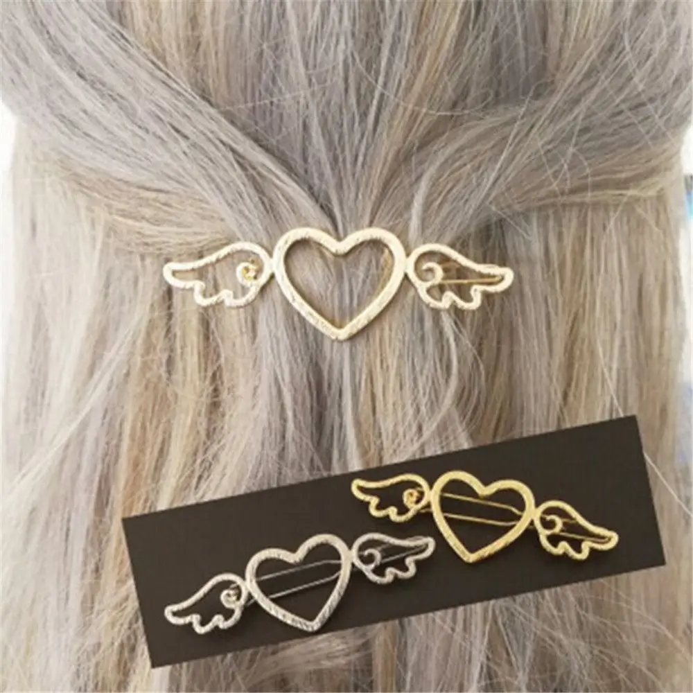 

New Fashion Women Girls Metal Hair Clip Hairpin Angle Wings Love Heart Barrette Geometric Alloy Hairgrip Barrette Styling Tool
