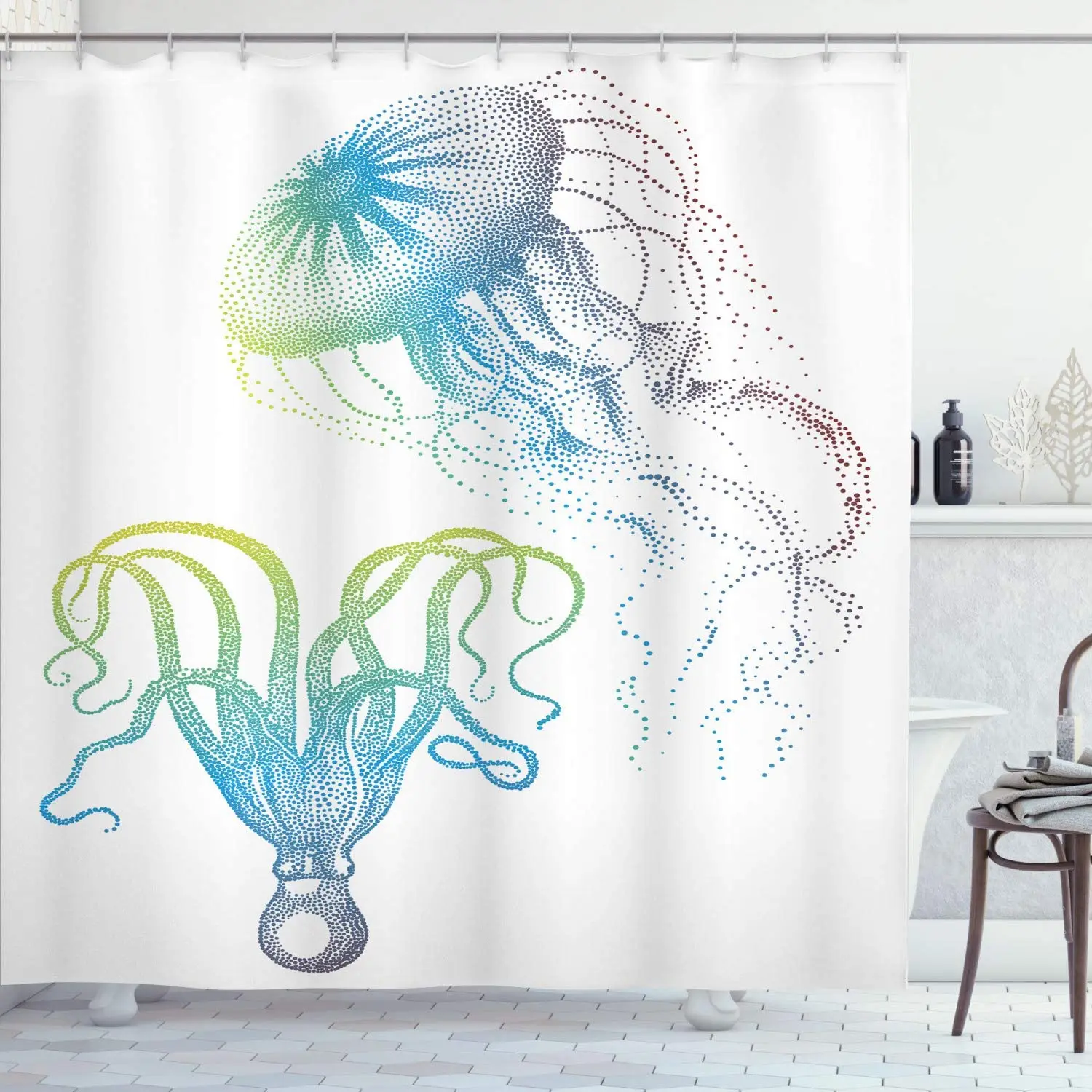 

Octopus Jellyfish Shower Curtain Hooks Illustration Nautical Themed Art Underwater Wildlife Marine Decor Bathroom Set Blue White