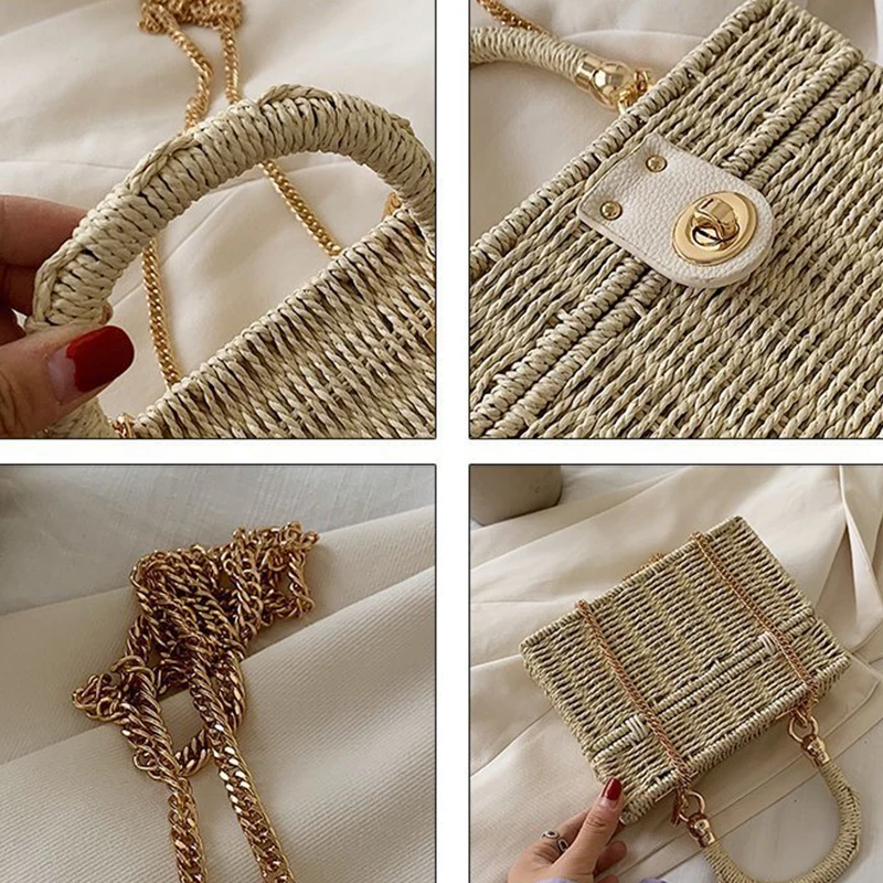 

Summer Hot Straw Bag Women Handmade Rattan Shoulder Bag Travel Vacation Beach Bag Fashion Small Square Bag Box Pouch