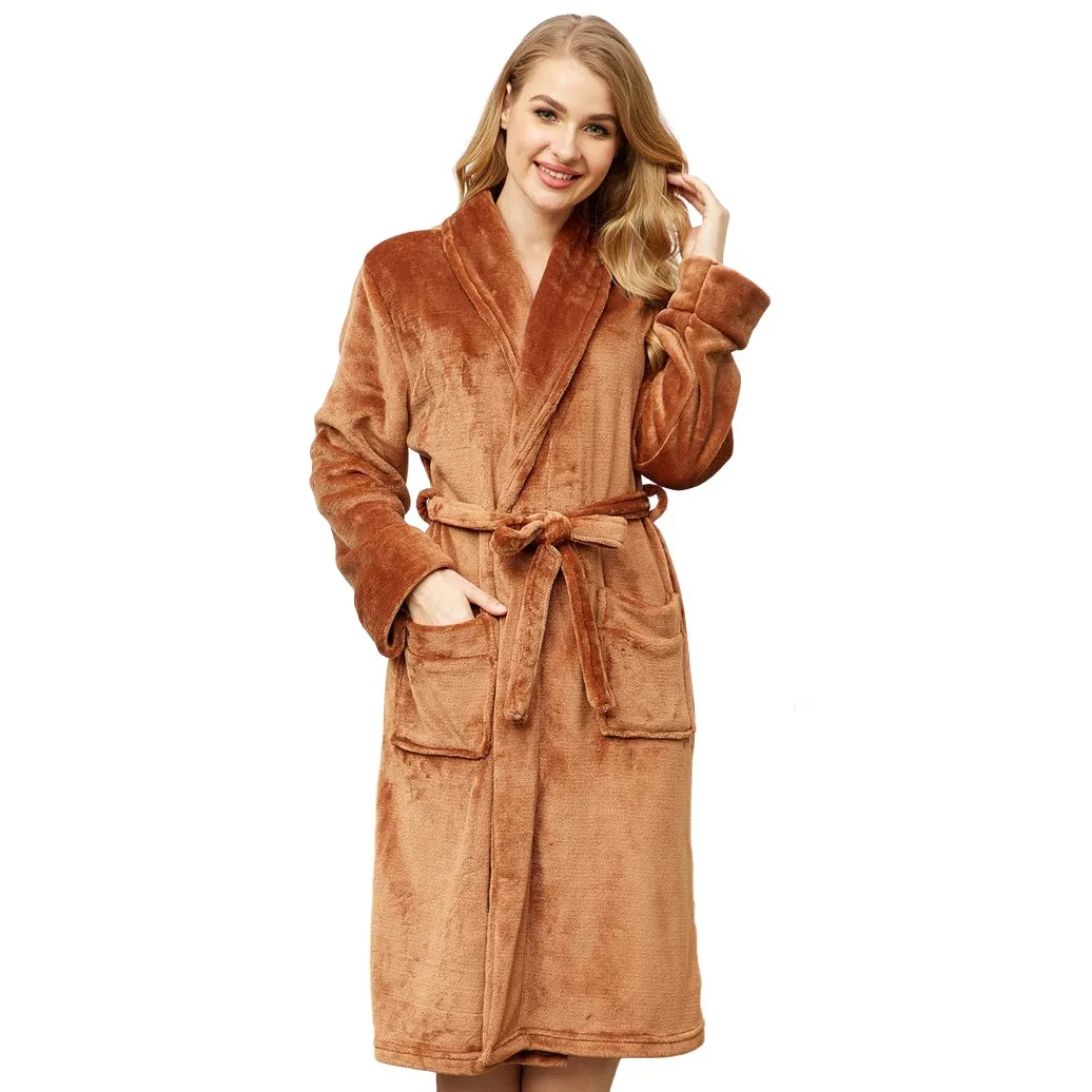 

Unisex Flannel Robe Winter Lapel Kimono Gown Warm Solid Sleepwear Long Sleeve Bathrobe Gown Lovers Coral Fleece Home Clothing