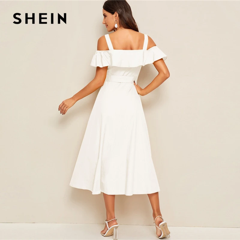SHEIN белое платье с воланом и откидной пуговицей спереди с поясом женские осенние ремни с открытыми плечами однотонные расклешенные вечерние длинные платья