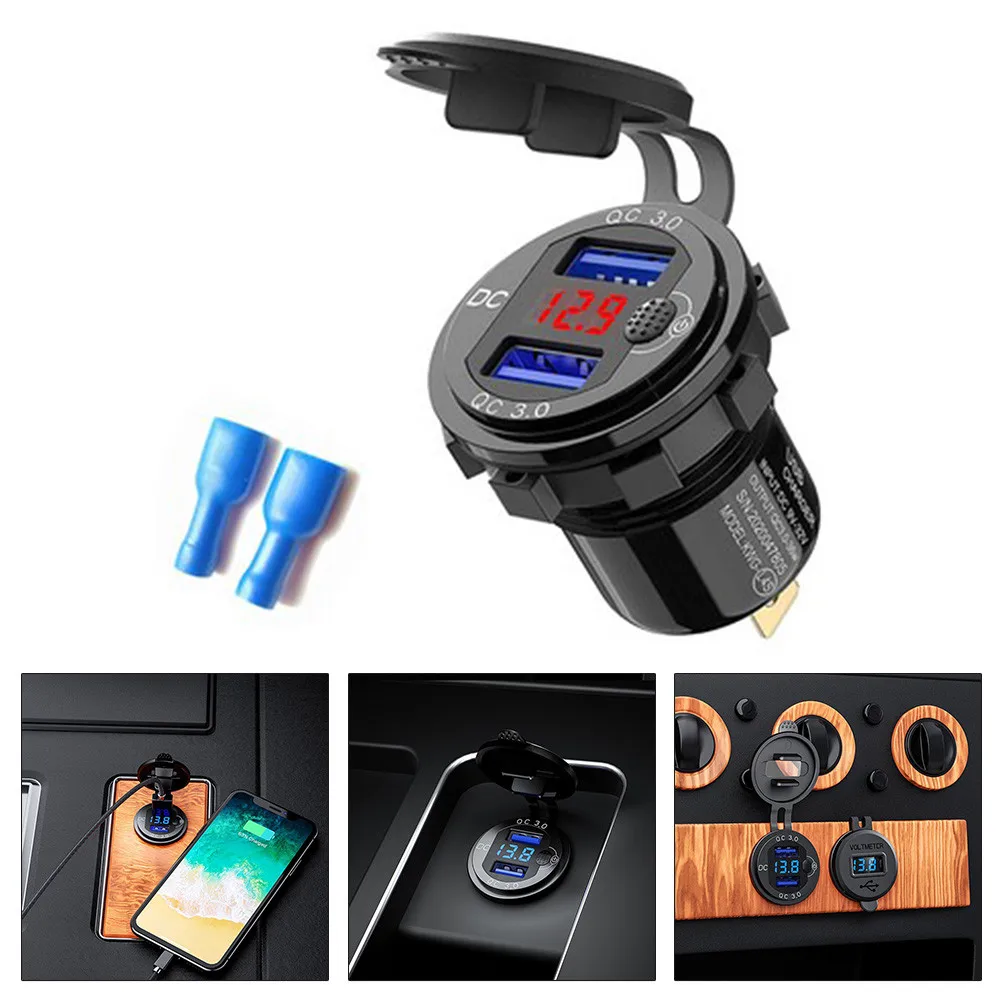 

Black Car Charger Dual USB For Car Boat Motorcycle Golf Cart QC 3.0 Socket Outlet