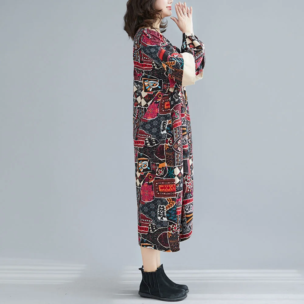 Женское платье в стиле ретро весеннее из хлопка и льна этническом с двойным