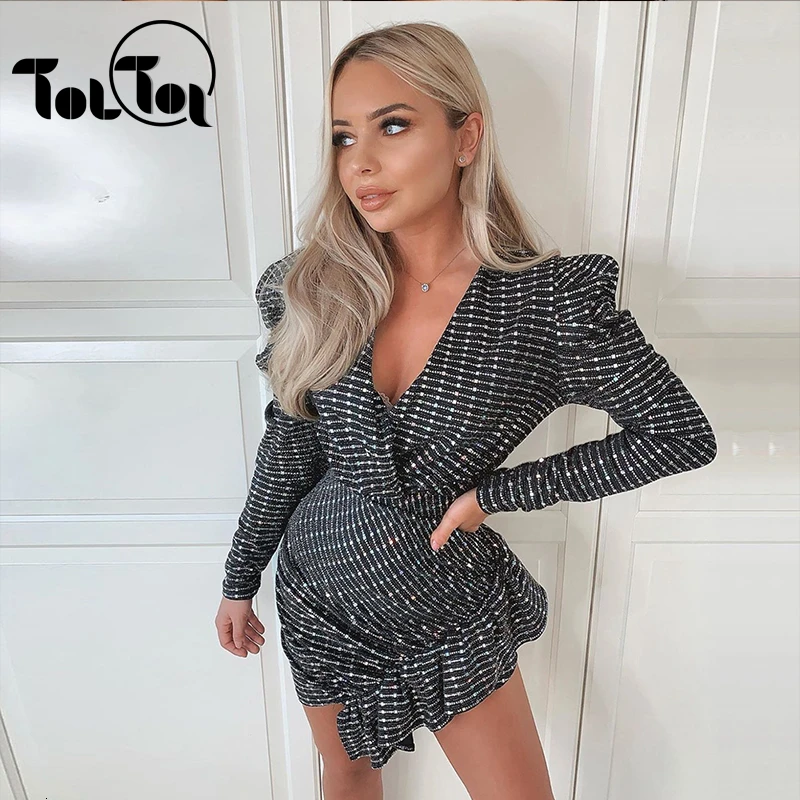 Блестящее рождественское платье для женщин с длинным рукавом Клубная одежда