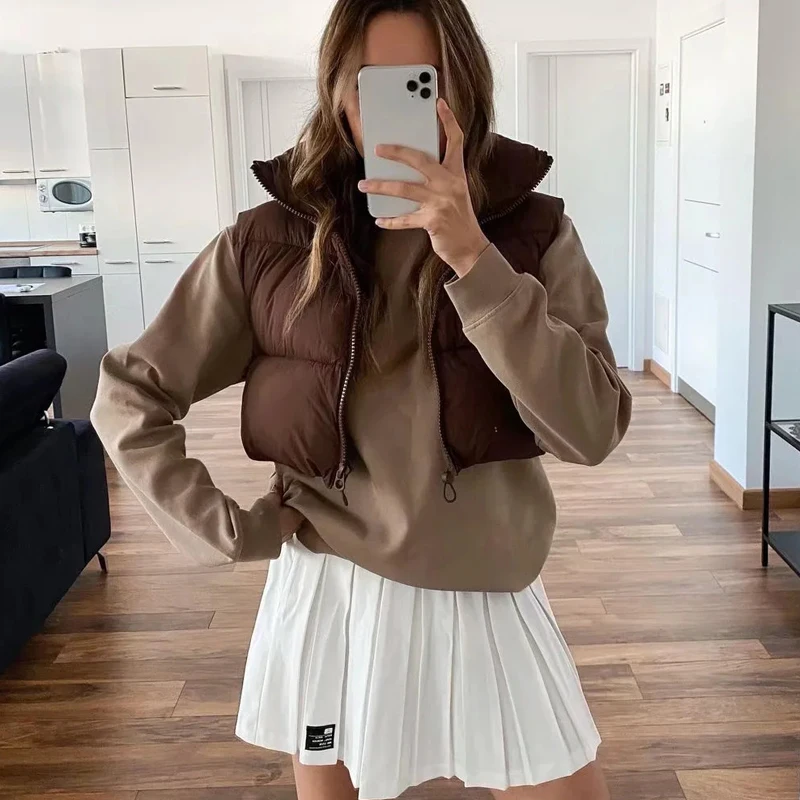 

TRAF 2021 Brown Vest Top Women Cropped Sleeveless Jacket Woman Black Warm Vest Autumn Winter Zipper Padded Coats Wasitcoat