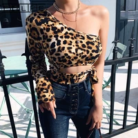 unif leopard print one shoulder waist tie top women corset topsexy wisp neck t shirt fairy grunge y2k top kawaii clothes