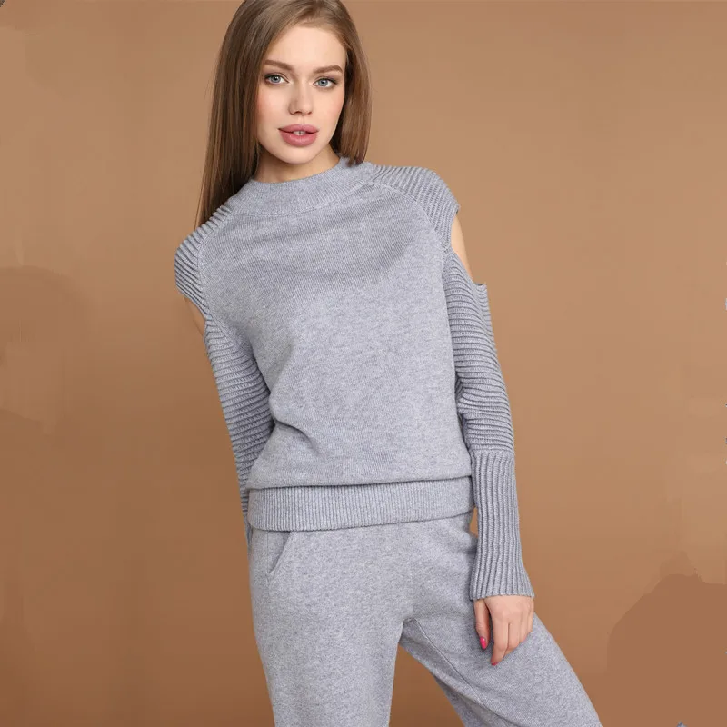 

Women's 2 Piece Set Handmade Beading Knitting Sweater + Casual Pants Suit Set Office Lady Outfits 2020 Knitted Tracksuit Long