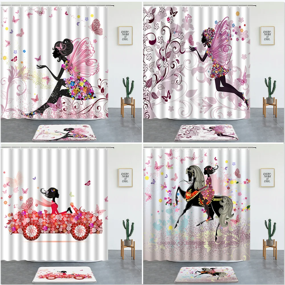 

Butterfly Girl Cartoon Shower Curtains Set Bath Mats Rugs Pink Flower Fairy Child Bathroom Decor Bathtub Screen Non-slip Carpet