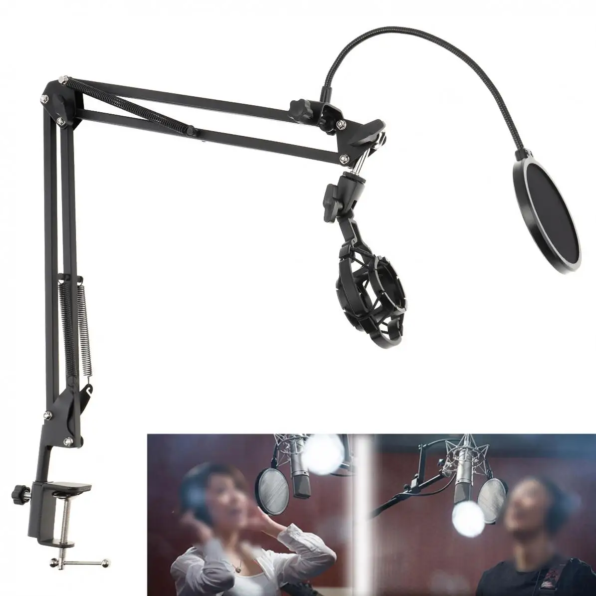 

Multifunction Shockproof Microphone Holder Bracket with Double Layer Microphone Pop Filter and Table Clip for Live Broadcast