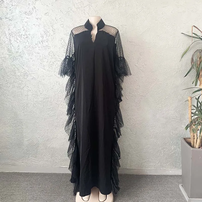 

African Dashiki Dress Black Dot Mesh Lace Shirt Abaya Bandage Maxi Bazin Vintage Bat Sleeve Robe Gowns Africa Sexy Lady Party