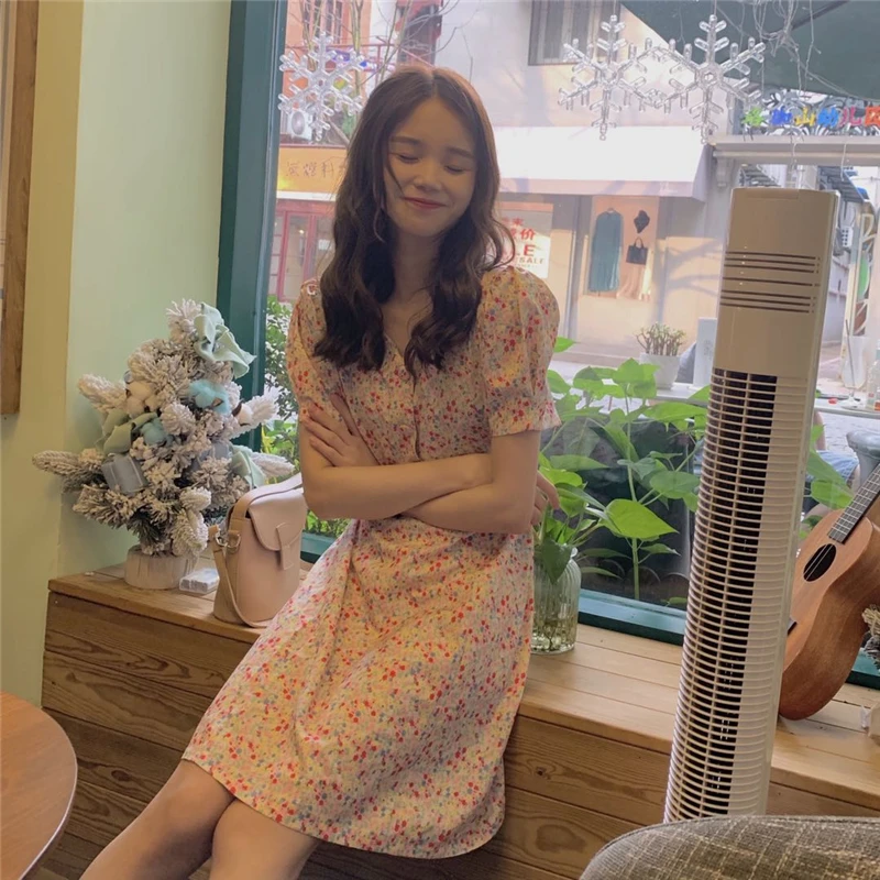 

Women's summer sexy fashion bubble sleeve lace high skirt retro Korean elegant floral pieces party dress summer dress women