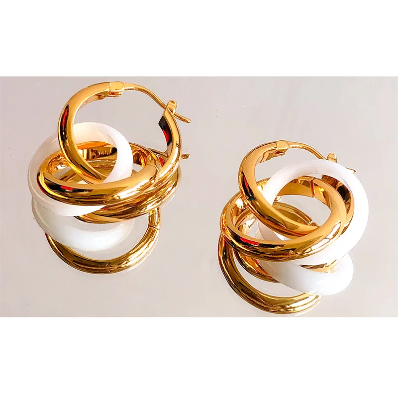 

European and American French retro style high sense three layer ring earrings female brass plated Gold simple fashion earrings
