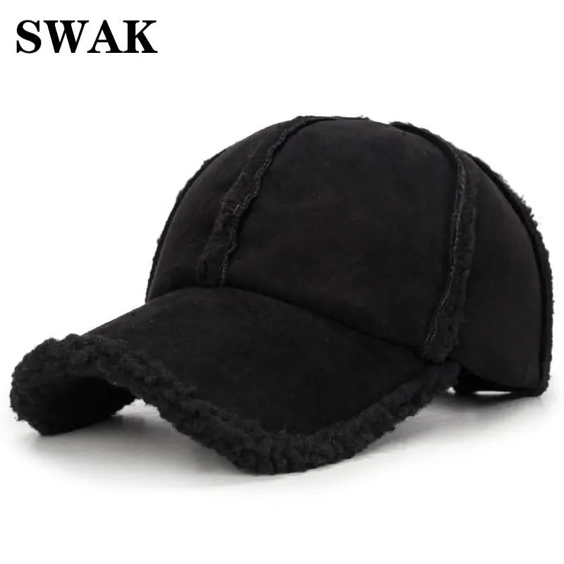 

SWAK Winter Thicken Warm Baseball Cap Bone Men Wool Sheepskin Solid Trucker Dad Cap Hats Snapback Adjustable Outdoor Black Cap