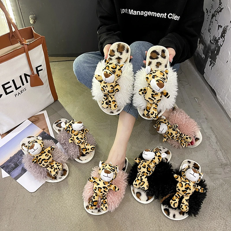 Cartoon Tiger Plush Slippers Autumn and Winter Fashion All-match Outer Wear Flat-bottomed Cotton Slippers Plush slippers animals
