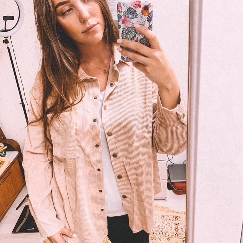 

Women Solid Casual Vintage Corduroy Blouse Long Sleeve Single Button Pockets Fashion Tops 2021 Spring New Office Lady Shirts