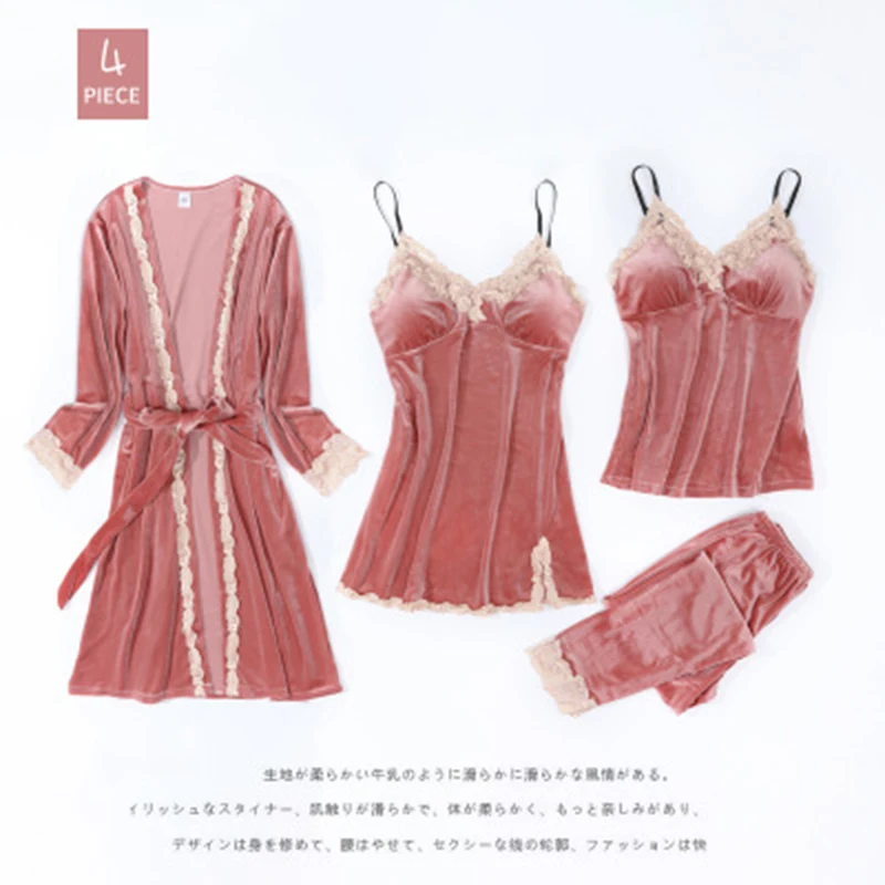 Новое поступление золотые бархатные пижамные комплекты из 4 предметов женский