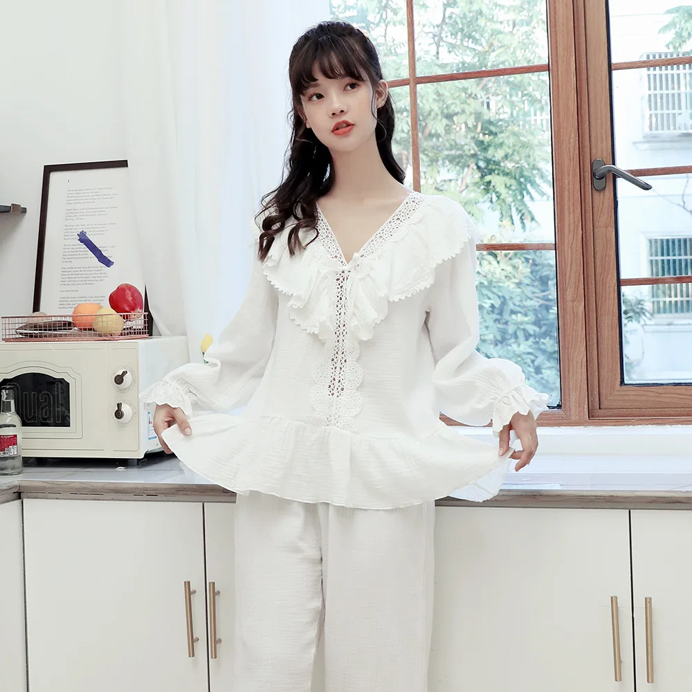 

Autumn Women's Pajamas, Casual Lace, Fashionable and Comfortable Cotton Pajamas, Cute White Princess Long-sleeved Sexy Home Wear
