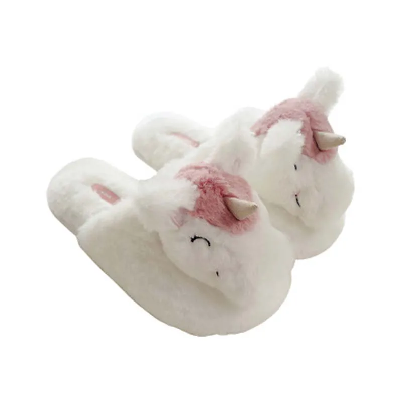 Product Three-dimensional unicorn plush slippers head winter warm cotton slippers Indoor silent non-slip home slippers