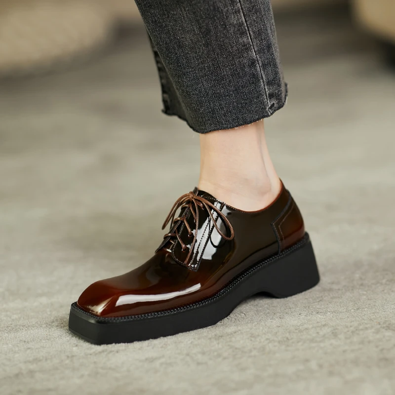 

Fashion Genuine Leather Women's Shoes New Retro Lace-Up Oxfords Shoes Square Toe Platform Shoes Handmade Shoes Woman Size 34-39