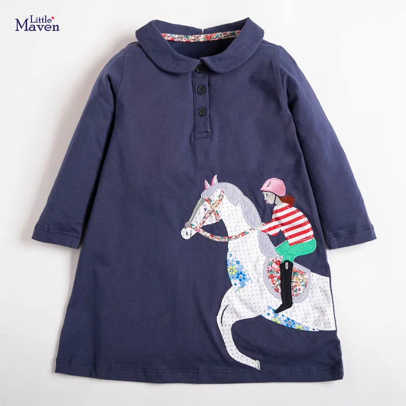 

Frocks for Baby Girls Brand Autumn Clothes Casual Cotton Horse Applique Toddler Peter Fan Collar Dress for Kids 2-7 Years