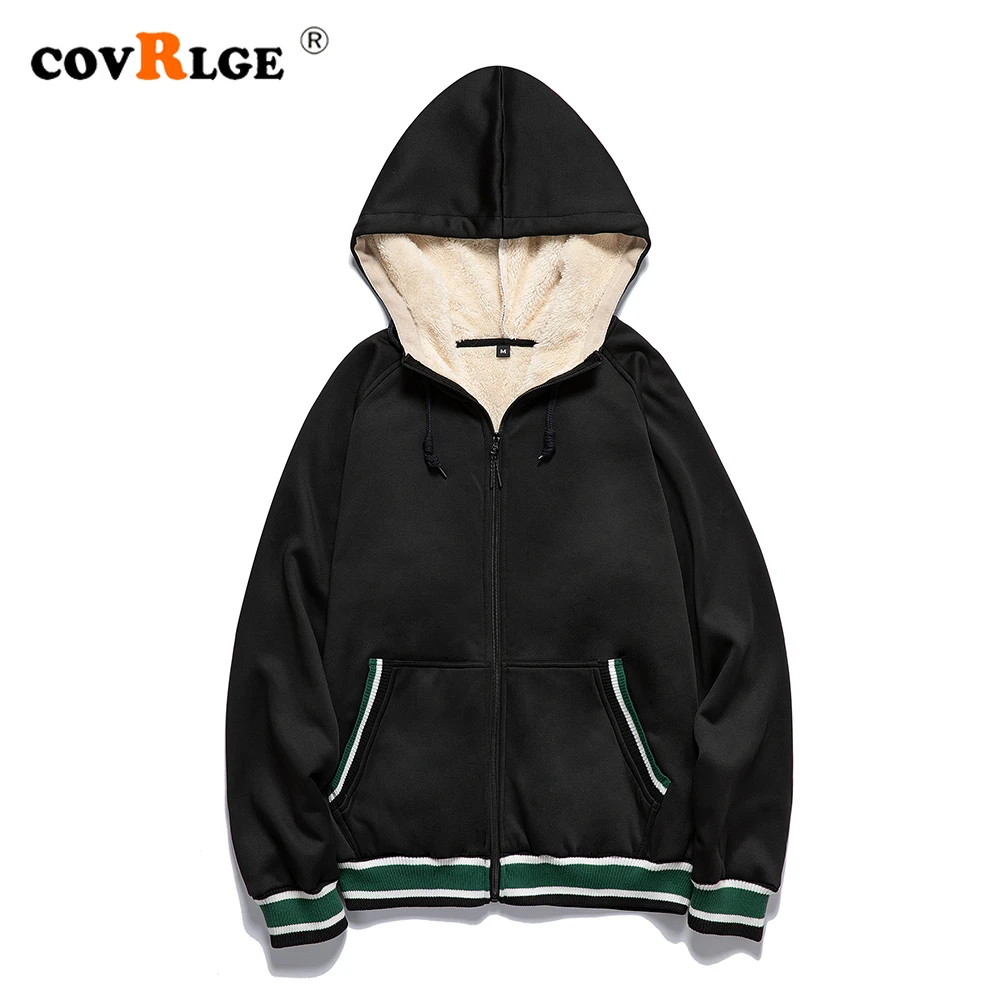 Covrlge Autumn Winter Sports Men's Letter Color-blocking Parka Plus Velvet Zipper Cardigan Hooded Coat Male Streetwear MWM121