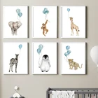 Синий воздушный шар, слон, жираф, Зебра, искусство, Картина на холсте, скандинавские плакаты и принты, настенные картины для декора детской комнаты