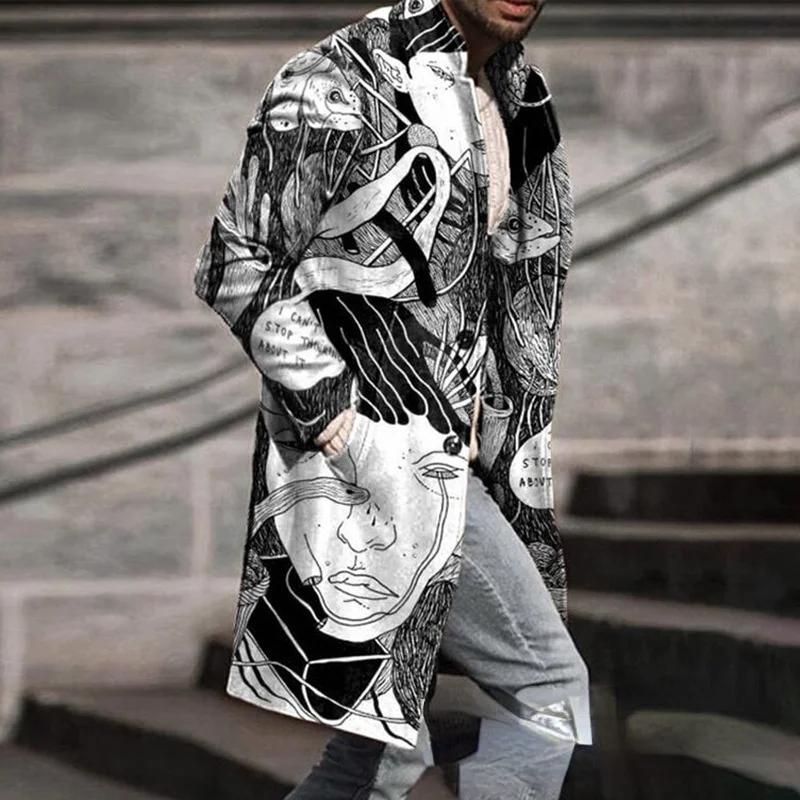 

Пальто мужское демисезонное с длинным рукавом, шерстяное пальто с отложным воротником, свободного покроя, с принтом, черное белое