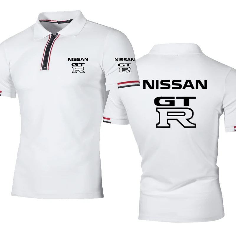

2021NEW Summer Men's tops GTR Car Logo Printed short sleeve high quality cotton Solid color Striped zipper Men's polo shirt