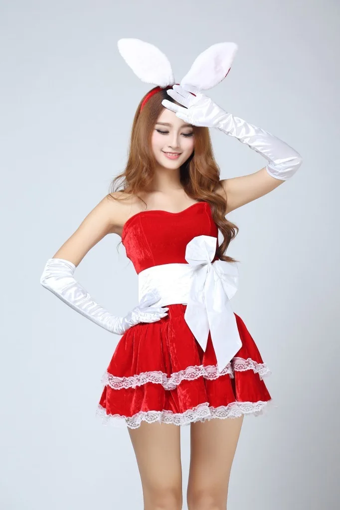 Рождественский наряд Женская сексуальная одежда с заячьими ушками мини платье
