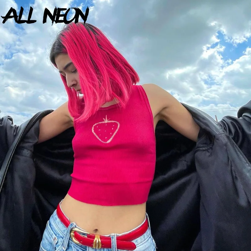 

ALLNeon Y2K Aesthetics Pink Strawberry Print Cropped Tank Tops Harajuku 2000s Streetwear O-neck Sleeveless Ribbed Vests Summer