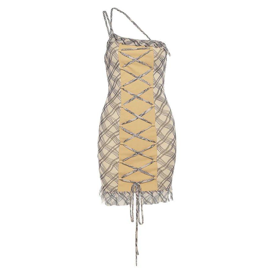 

Sylcue Summer girl abstinence tie strap oblique shoulder plaid casual halter skirt lady flounces dress retro style wild dress
