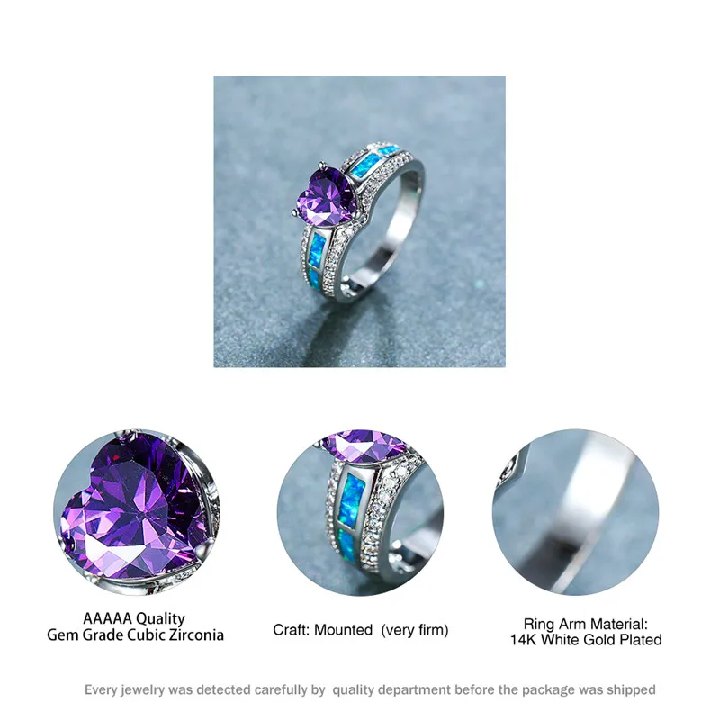 

Cute Female Purple Love Heart Ring Trendy Silver Color Wedding Rings For Women Vintage Crystal Opal Big Engagement Ring
