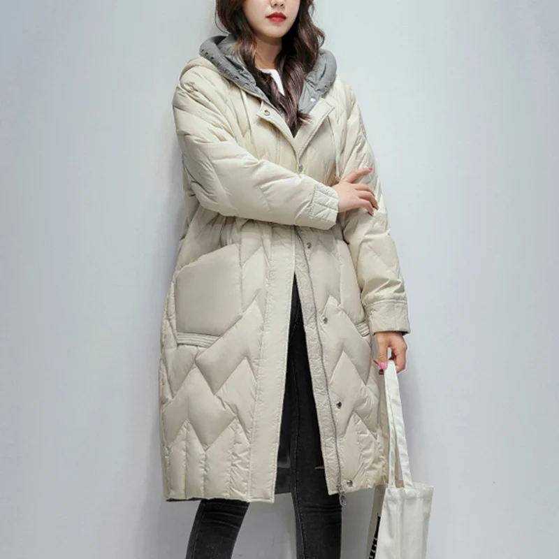 ZCWXM Winter Women Down Coat Casual Loose 90% White Duck Down Jacket Zipper Pocket Female Feather Long Parkas Warm Outwear New