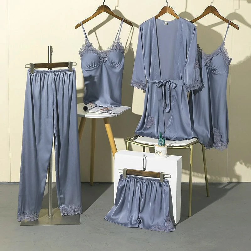 

5PCS Pajamas Set Satin Lace Women Nightwear Sleep Suit Sexy Strap Top&Pants Sleepwear With Chest Pads Bride Pyjamas Homewear