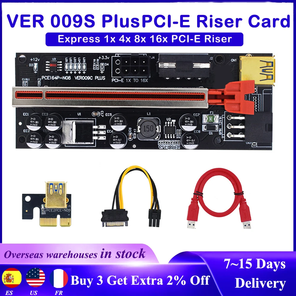 

1-10pcs VER009 USB3.0 PCI-E Riser VER 009S PLUS Express 1X 4x8x 16x Extender pcie Riser Adapter Card SATA 15pin to 6pin Power