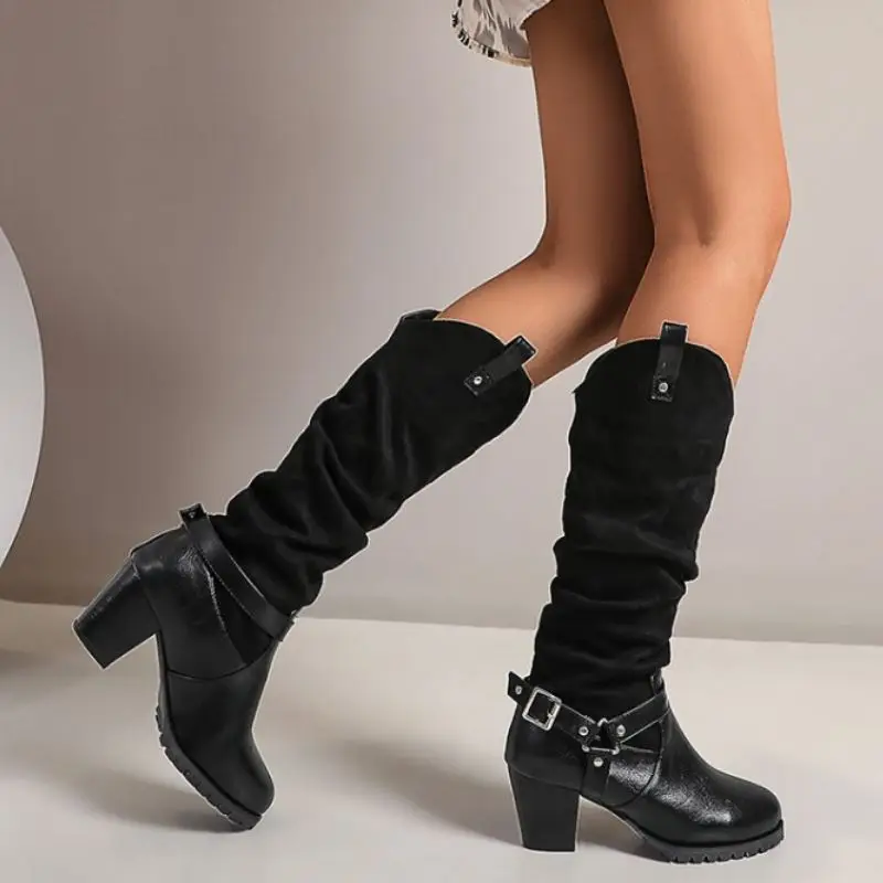 

RIZABINA New Women Knee High Boots Buckle Women High Heel Boots Fashion Cool Winter Shoes Women Daily Footwear Size 34-43