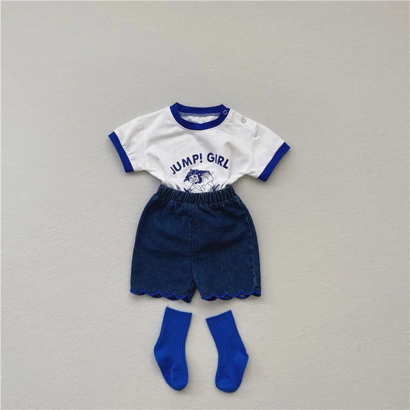 

2PCS Toddler Baby Boy Girl Clothes Set Casual Cartoon Letter Printed Stitching Short Sleeve Tops + Kid Fashion Denim Shorts