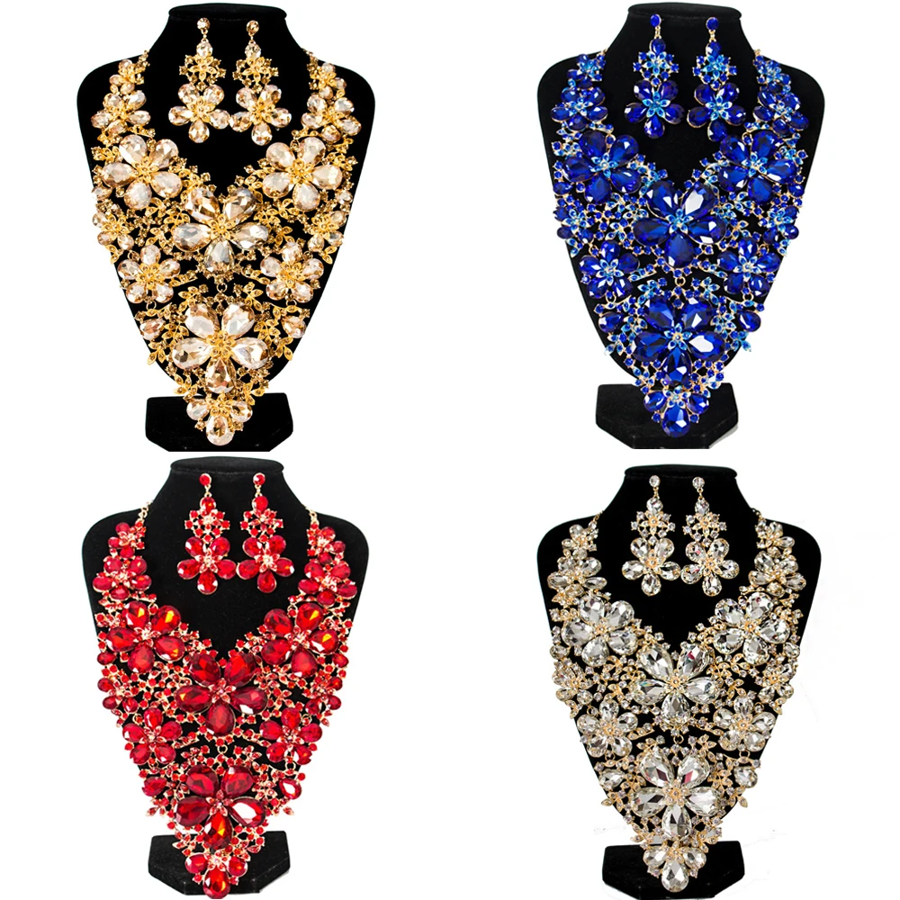 

Fashion Luxury Crystal Rhinestone Bridal Jewelry Sets Party Wedding Costume Earrings Necklace Set for Brides Flower Jewelry Gift