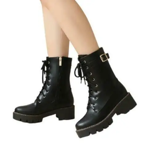 

Women's Round Toe Ankle Boots Lace-up Chunky Heels Buckle Motorcycle Low Heels