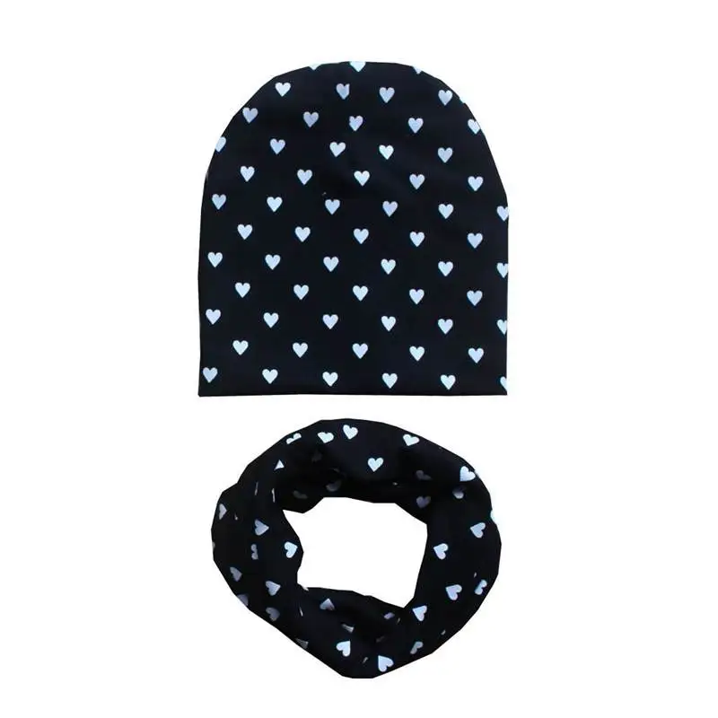 heart black 1 комплект, детская шапка, шарф, шапочки для мальчиков, Детские хлопковые шапки с милым принтом для маленьких девочек, Весенняя камуфляжная кепка, шарфы с воротником - Цвет: heart black